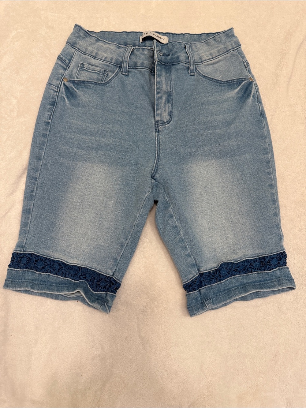 Women's Light Blue Denim Bermuda Shorts with Navy Lace Trim